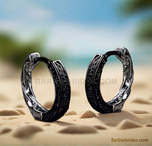 Retro Tang Grass Grain Sense Textured Black Silver Niche Men Women Hoop Earrings